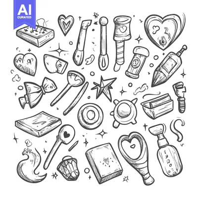 Aset premium populer: Hand-Drawn Sketch of Various Love-Themed Objects