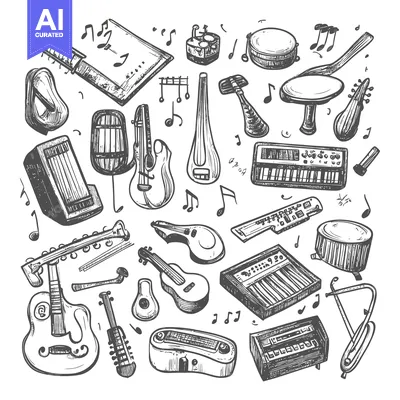 Aset premium populer: Hand-Drawn Sketch of Various Musical Instruments