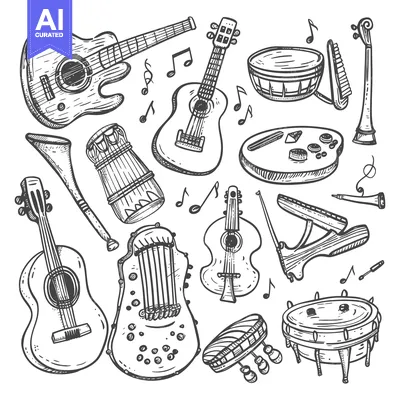 Aset premium populer: Hand-Drawn Sketch of Various Musical Instruments