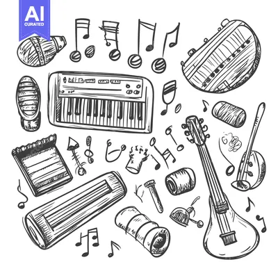Aset premium populer: Hand-Drawn Sketch of Various Musical Instruments and Notes