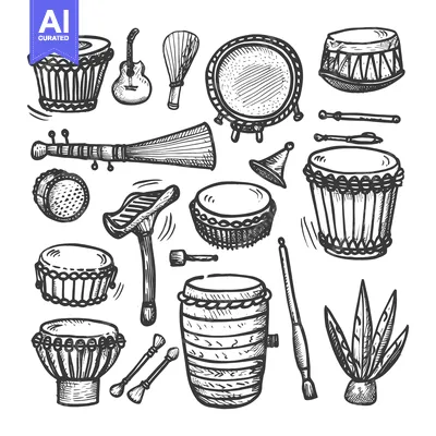 Aset premium populer: Hand Drawn Sketch of Various Musical Percussion Instruments