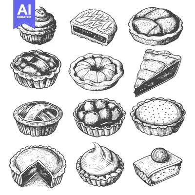 Aset desain premium: Hand Drawn Sketch of Various Pastry and Pie Desserts
