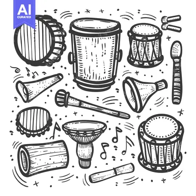 Aset desain premium: Hand-drawn Sketch of Various Percussion Instruments and Music Notes