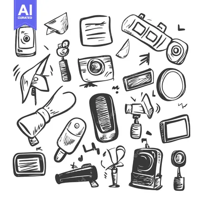 Aset desain premium: Hand-Drawn Sketch of Various Photography Equipment and Accessories