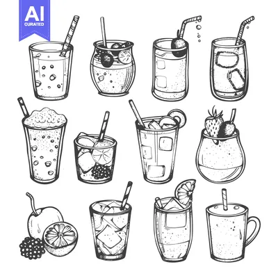 Hand-Drawn Sketch of Various Refreshing Drinks with Straws