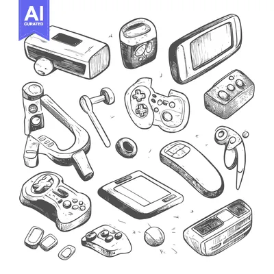 Hand-Drawn Sketch of Various Retro Gaming Devices and Controllers