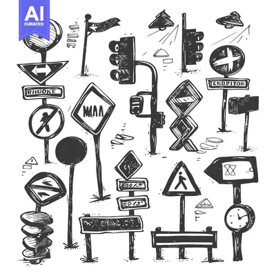Popular premium asset: Hand-Drawn Sketch of Various Road Signs and Traffic Signals