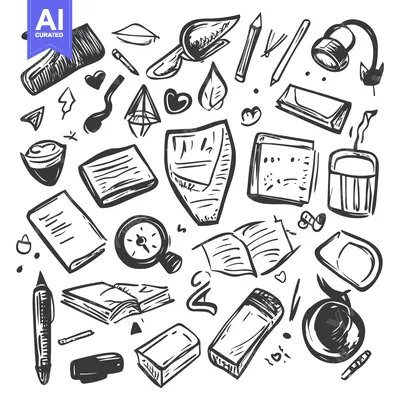 Aset desain premium: Hand-Drawn Sketch of Various School Supplies and Objects