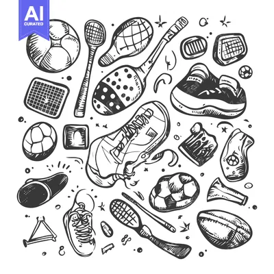 Aset desain premium: Hand-drawn Sketch of Various Sports Equipment and Footwear