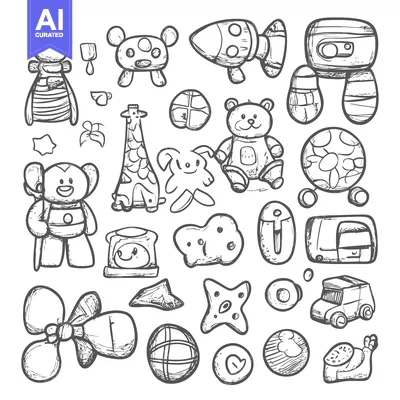 Aset premium populer: Hand-Drawn Sketch of Various Toys for Children