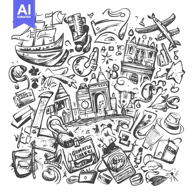 Aset desain premium: Hand-drawn Sketch of Various Travel Objects and Landmarks