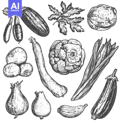 Aset premium populer: Hand-Drawn Sketch of Various Vegetables and Herbs