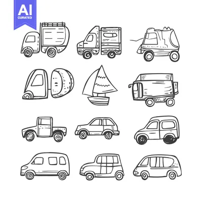 Aset desain premium: Hand-drawn Sketch of Various Vehicles and a Sailboat