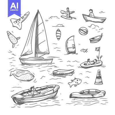 Hand-drawn sketch of various watercraft and activities on the sea