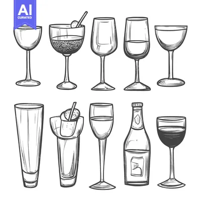 Hand-drawn Sketch of Various Wine and Cocktail Glasses