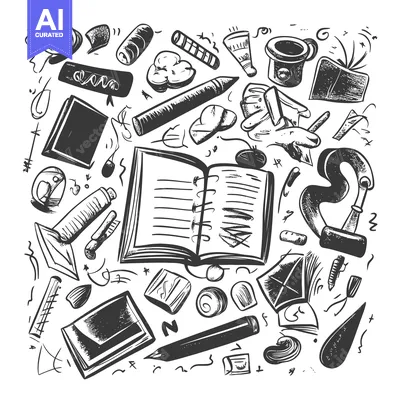 Aset premium populer: Hand-drawn Sketch of Various Writing and Art Supplies
