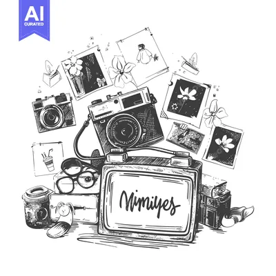 Popular premium asset: Hand-Drawn Sketch of Vintage Cameras, Flowers, and Accessories