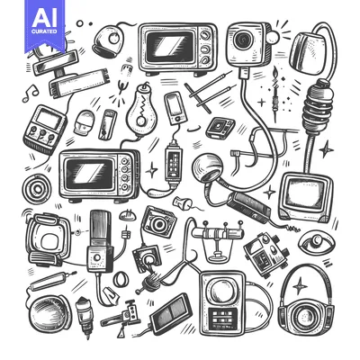 Aset premium populer: Hand-drawn Sketch of Vintage Electronics and Gadgets