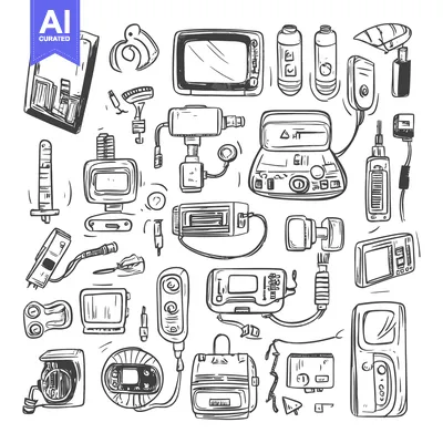 Premium design asset: Hand-Drawn Sketch of Vintage Electronics and Gadgets