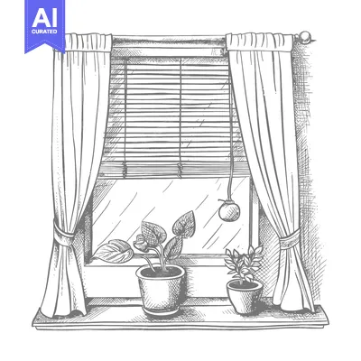 Aset desain premium: Hand-Drawn Sketch of Window with Curtains, Blinds, and Plants