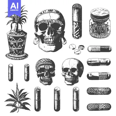 Popular premium asset: Hand Drawn Skull, Cannabis, and Pill Illustration