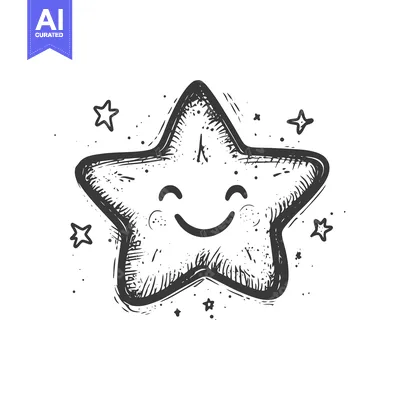 Aset desain premium: Hand-Drawn Smiling Star with Small Stars Surrounding It