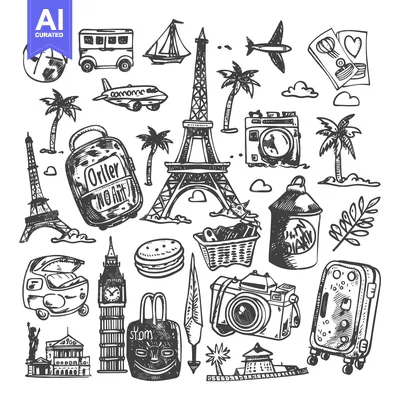 Aset premium populer: Hand-Drawn Travel Illustration Featuring Landmarks, Luggage, and Acces