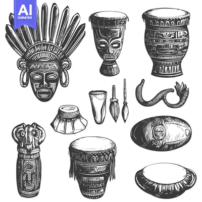Hand-Drawn Tribal Artifacts Set Featuring Masks, Drums, and Other Item