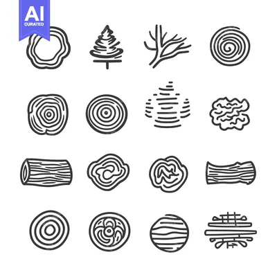 Premium design asset: Hand-Drawn Vector Icons of Trees, Wood, and Log Cross-Sections