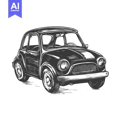 Aset desain premium: Hand-drawn vintage black and white illustration of a classic car