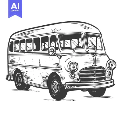 Hand-drawn vintage bus with detailed features