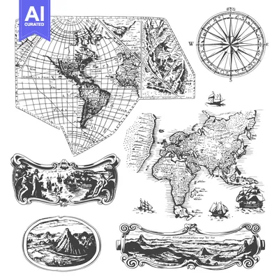 Aset desain premium: Hand-drawn vintage nautical illustrations with maps, a compass, and a