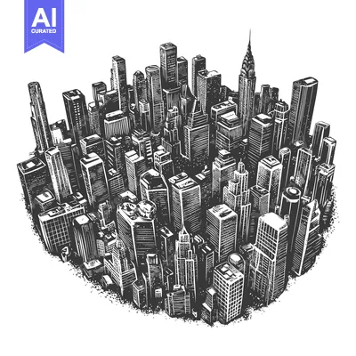 Aset desain premium: Hand-drawn woodcut illustration of an urban skyline with skyscrapers