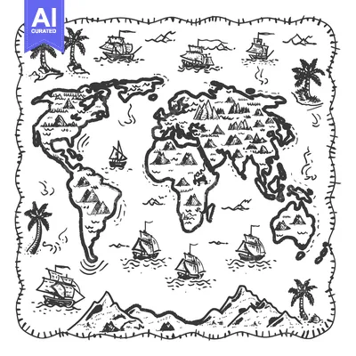 Aset desain premium: Hand-drawn world map with ships, palm trees, and mountains.