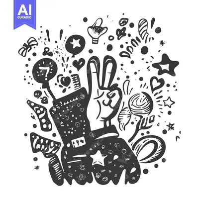 Popular premium asset: Hand Gesturing Peace Sign Surrounded by Festive Doodle Elements