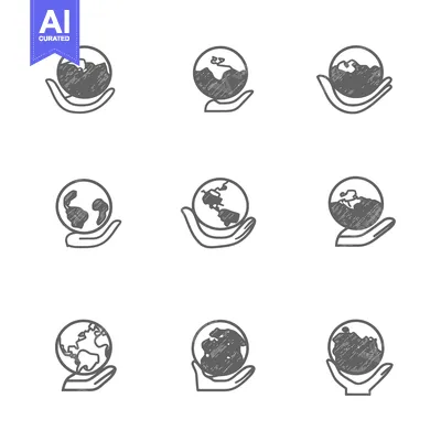 Aset desain premium: Hand Holding a Globe, a Set of 9 Hand-Drawn Icons