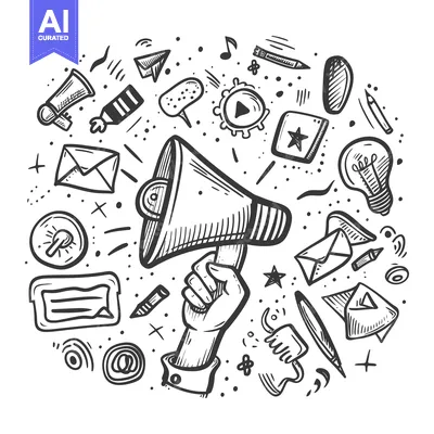Aset desain premium: Hand Holding a Megaphone with Various Doodle Symbols Surrounding It