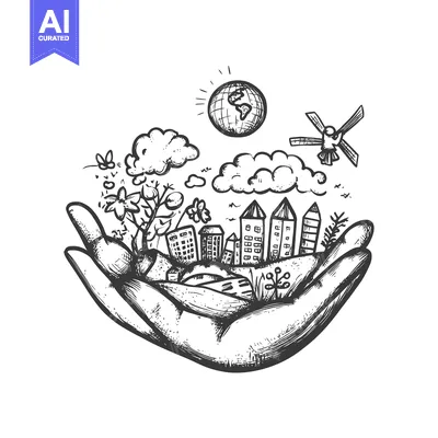 Hand Holding a Miniature Cityscape with Earth and Satellite in the Sky