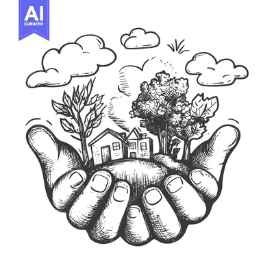 Aset premium populer: Hand Holding a Miniature Landscape with Houses, Trees, and Clouds