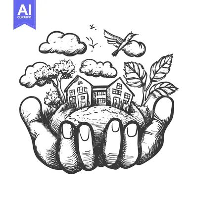 Hand Holding a Miniature Landscape with Houses, Trees, and Clouds