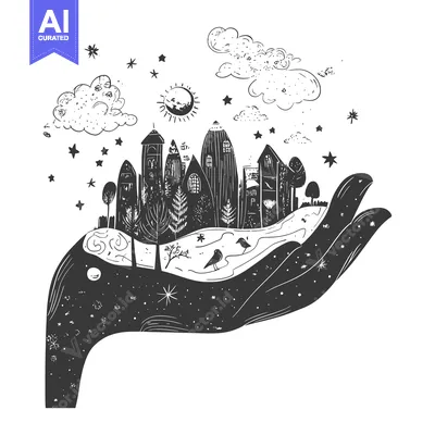 Aset premium populer: Hand Holding a Nighttime Village Under a Starry Sky