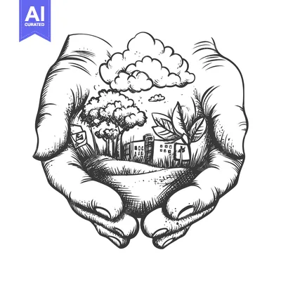 Aset desain premium: Hand Holding a Small Cityscape with Trees, Clouds, and Buildings