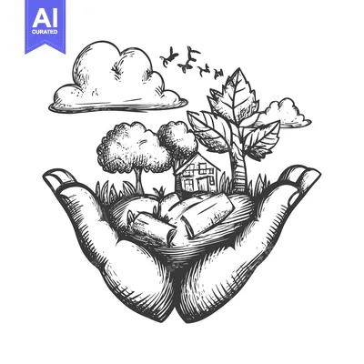 Aset desain premium: Hand Holding a Small Landscape With a House, Trees, and Birds