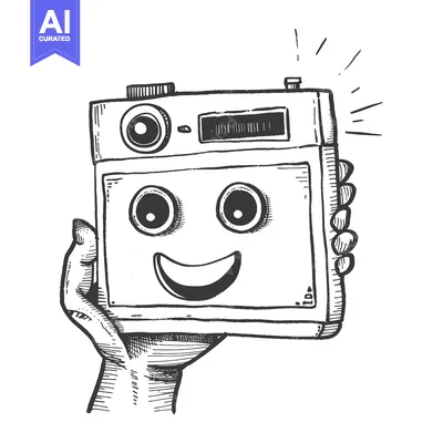Premium design asset: Hand Holding a Smiling Cartoon Camera with Flash