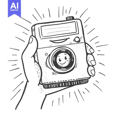 Aset premium populer: Hand Holding a Smiling Cartoon Camera with Lens