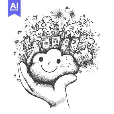 Aset desain premium: Hand Holding a Smiling Cloud with Cityscape and Fireworks