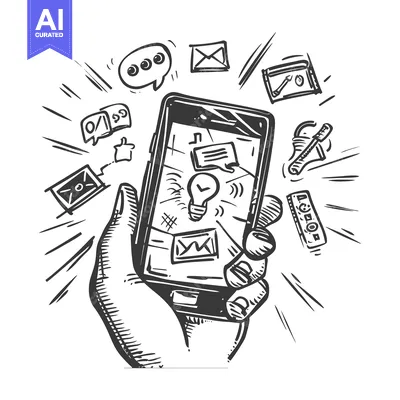 Aset desain premium: Hand holding smartphone with various digital icons surrounding it