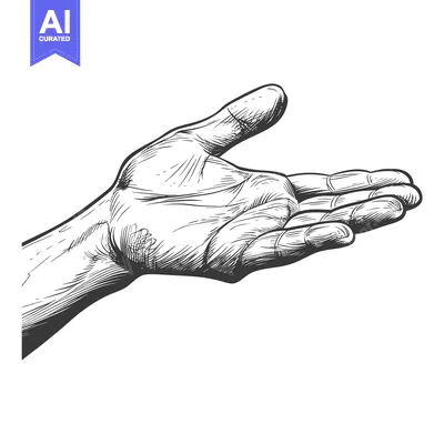 Aset desain premium: Hand outstretched with palm facing upwards in black and white line art