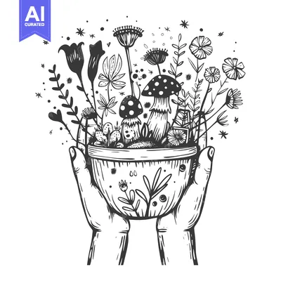 Aset premium populer: Hands Holding a Bowl Overflowing with Mushrooms and Flowers