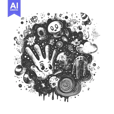 Aset premium populer: Hand with a Face Surrounded by Doodle-Style Planets, Stars, and Other